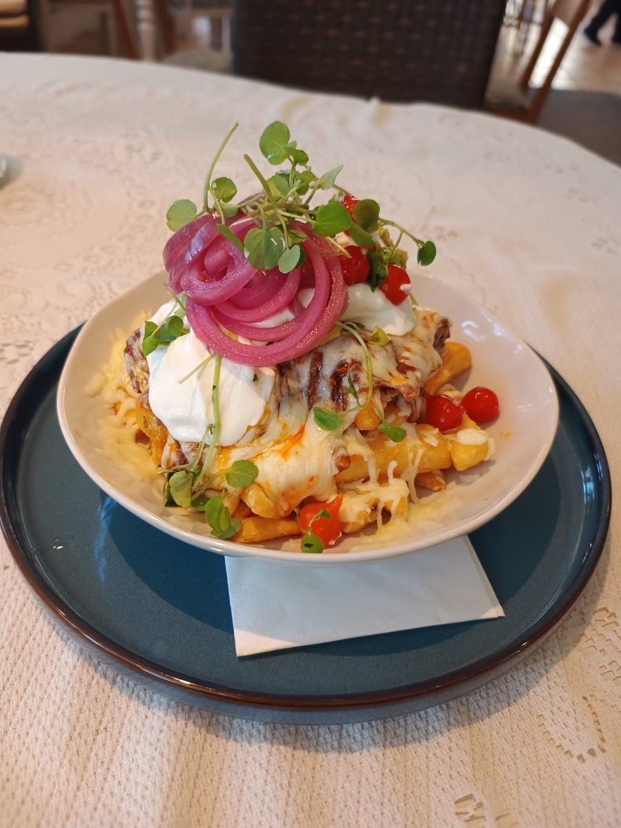 Loaded dirty fries with melted cheese, guacamole and pickled red onions